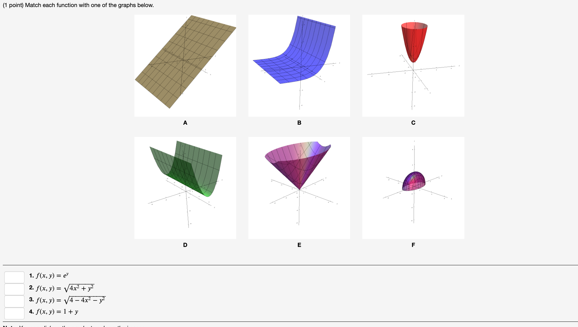 (1 point) Match each function with one of the graphs below. A D B E c \( \mathbf{F} \) 1. \( f(x, y)=e^{y} \) 2. \( f(x, y)=\