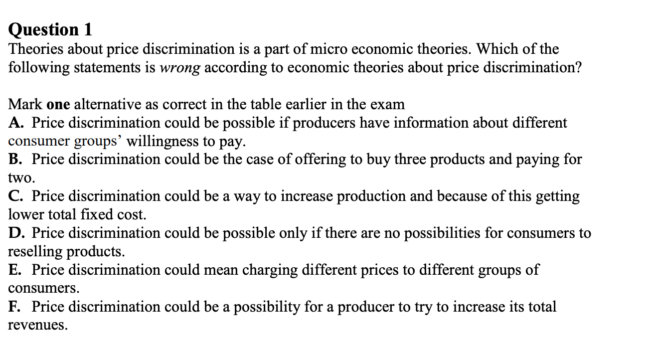 Solved Question 1 Theories About Price Discrimination Is A | Chegg.com