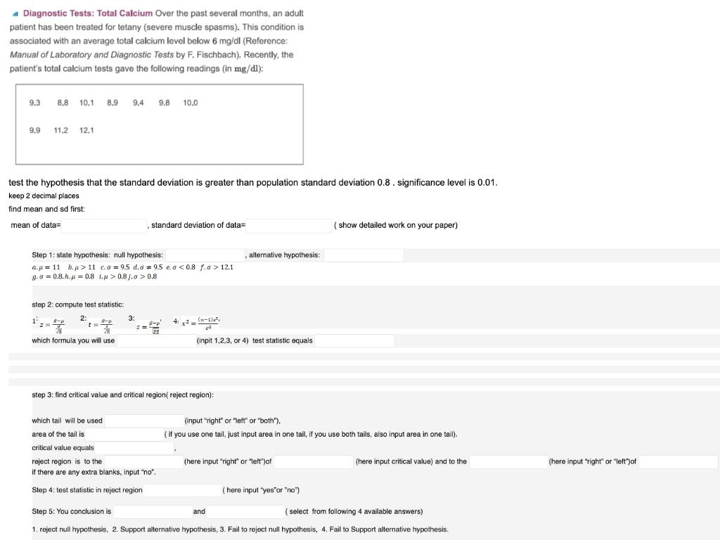 Solved a Diagnostic Tests: Total Calcium Over the past | Chegg.com