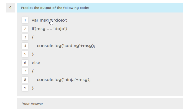 Solved 4 Predict the output of the following code: 1 var msg | Chegg.com