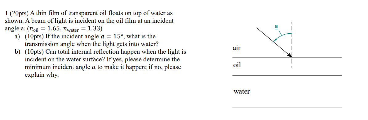 Solved 1.(20pts) A thin film of transparent oil floats on | Chegg.com