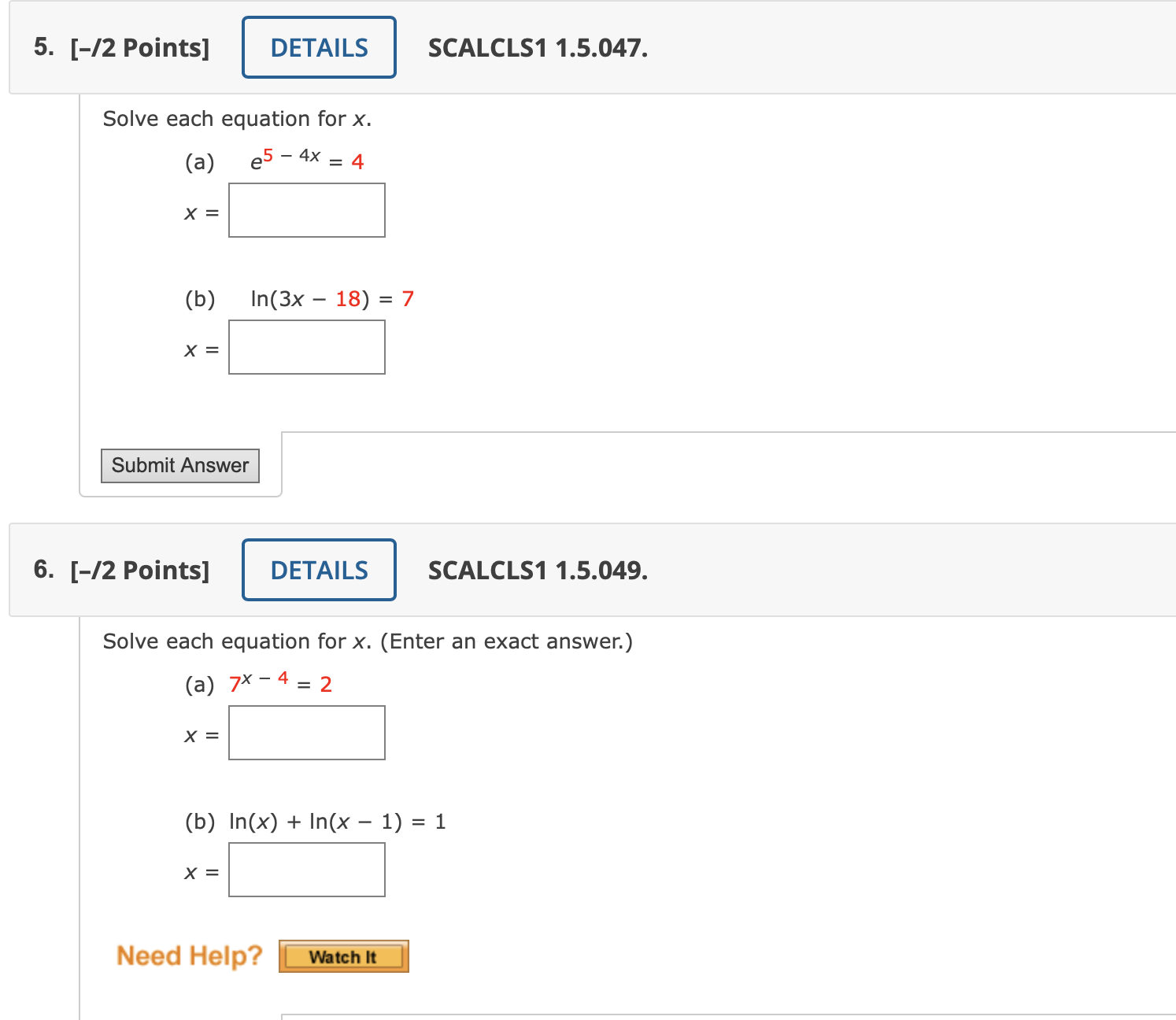 Solved Solve Each Equation For X A ﻿ E5 − 4x 4x