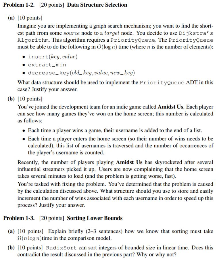 Solved Problem 1-2. [20 points] Data Structure Selection (a) | Chegg.com