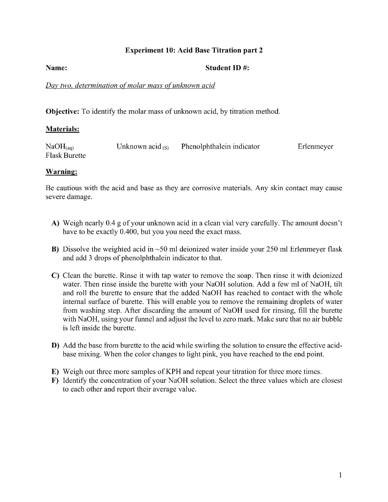 Solved Experiment 10: Acid Base Titration part 2 Name: | Chegg.com