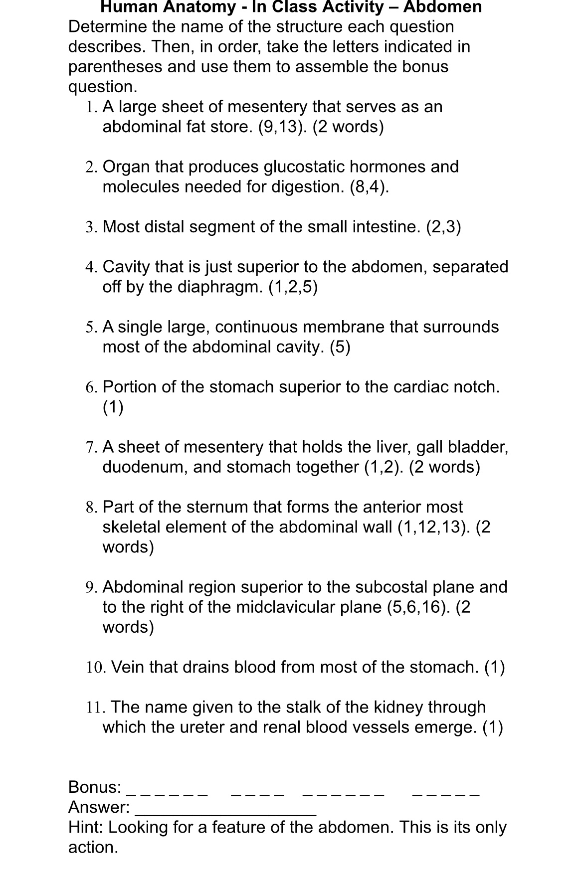 Solved Human Anatomy - In Class Activity - Abdomen Determine | Chegg.com