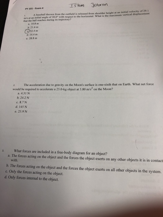 Solved Is lam Joran PY 101-Exam 4 m/s at an initial angle of | Chegg.com