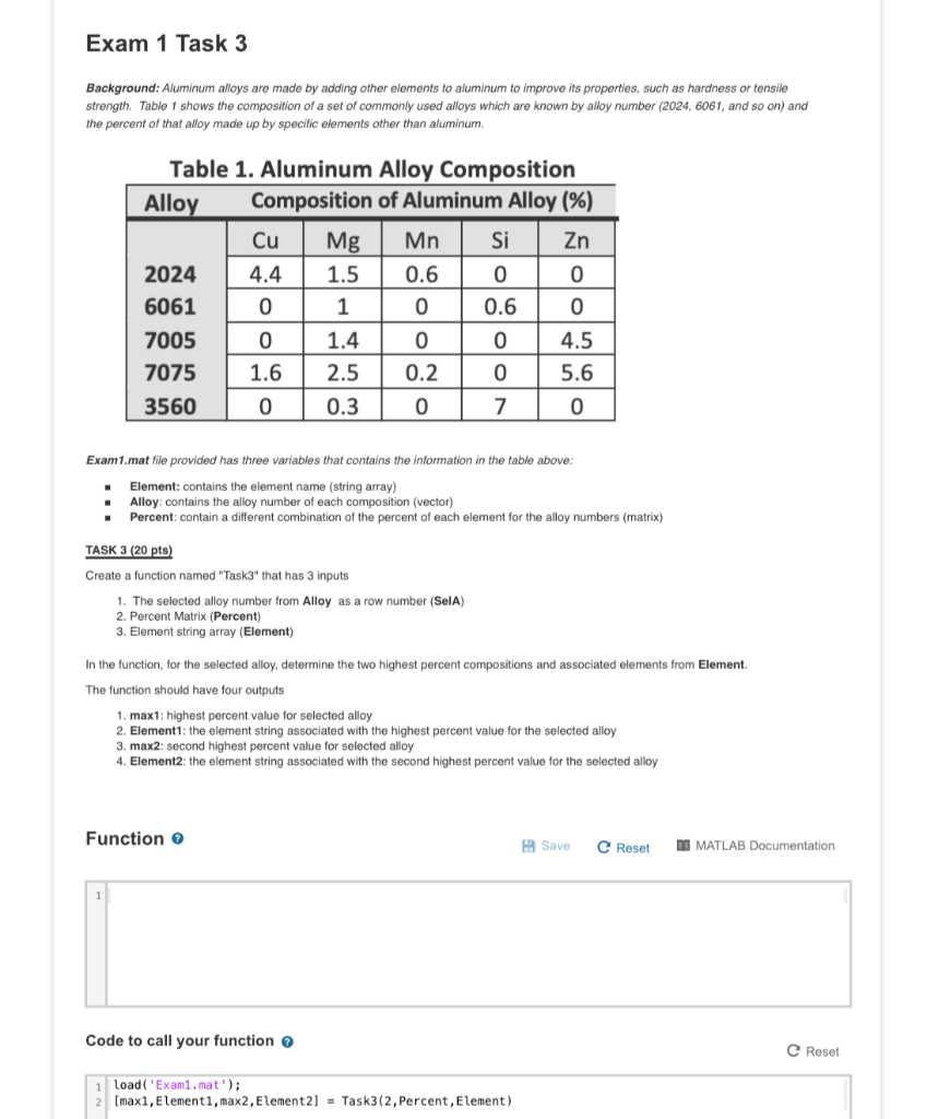 Solved Exam 1 Task 3 Background: Aluminum alloys are made by | Chegg.com