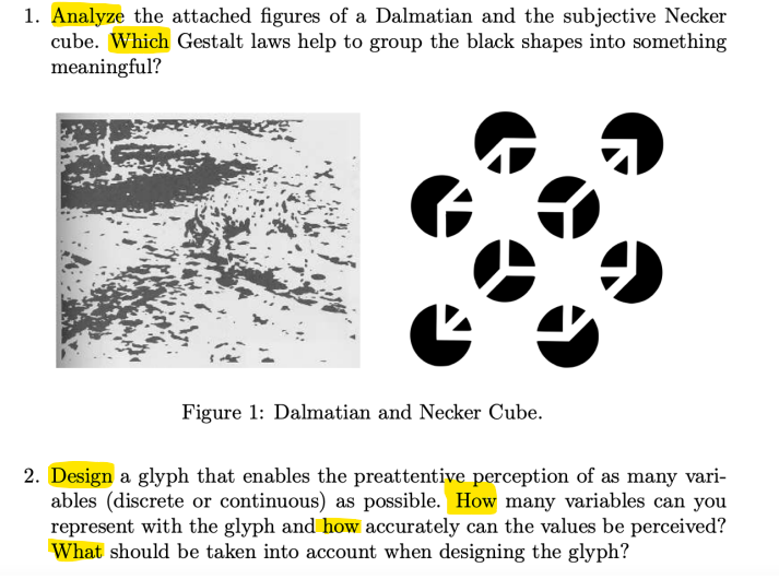 1. Analyze the attached figures of a Dalmatian and the subjective Necker
cube. Which Gestalt laws help to group the black sha