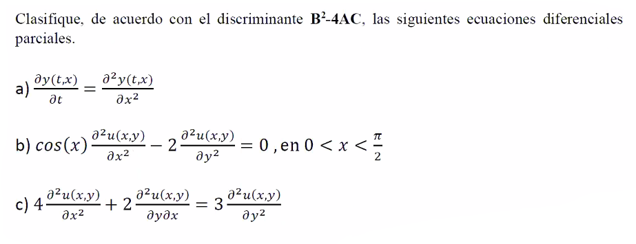 Clasifique, de acuerdo con el discriminante B²-4AC, las siguientes ecuaciones diferenciales parciales. ду(t,x) a) 02y(t,x) дx