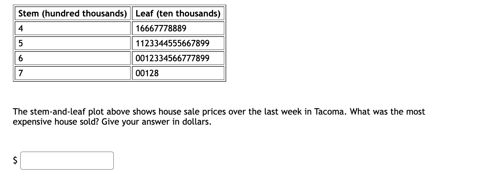 The stem-and-leaf plot above shows house sale prices over the last week in Tacoma. What was the mos expensive house sold? Giv