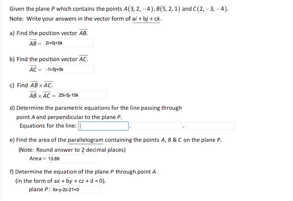 Solved Given the plane P which contains the points A(3, 2, | Chegg.com