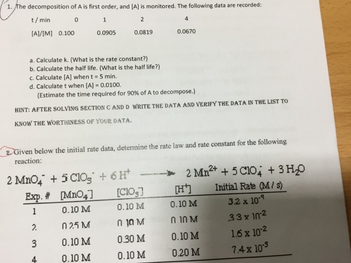 Solved 1. /The decomposition of A is first order, and [A] is | Chegg.com