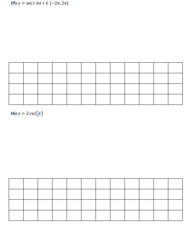 Solved 15) y = sect for t E[-21, 21) 16) y = 2 csc(t) | Chegg.com