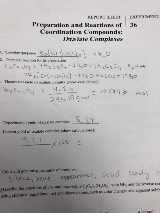 Solved REPORT SHEETEXPERIMENT Preparation and Reactions of | Chegg.com