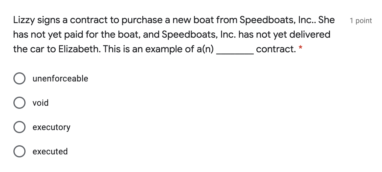 Solved 1 point Lizzy signs a contract to purchase a new boat | Chegg.com