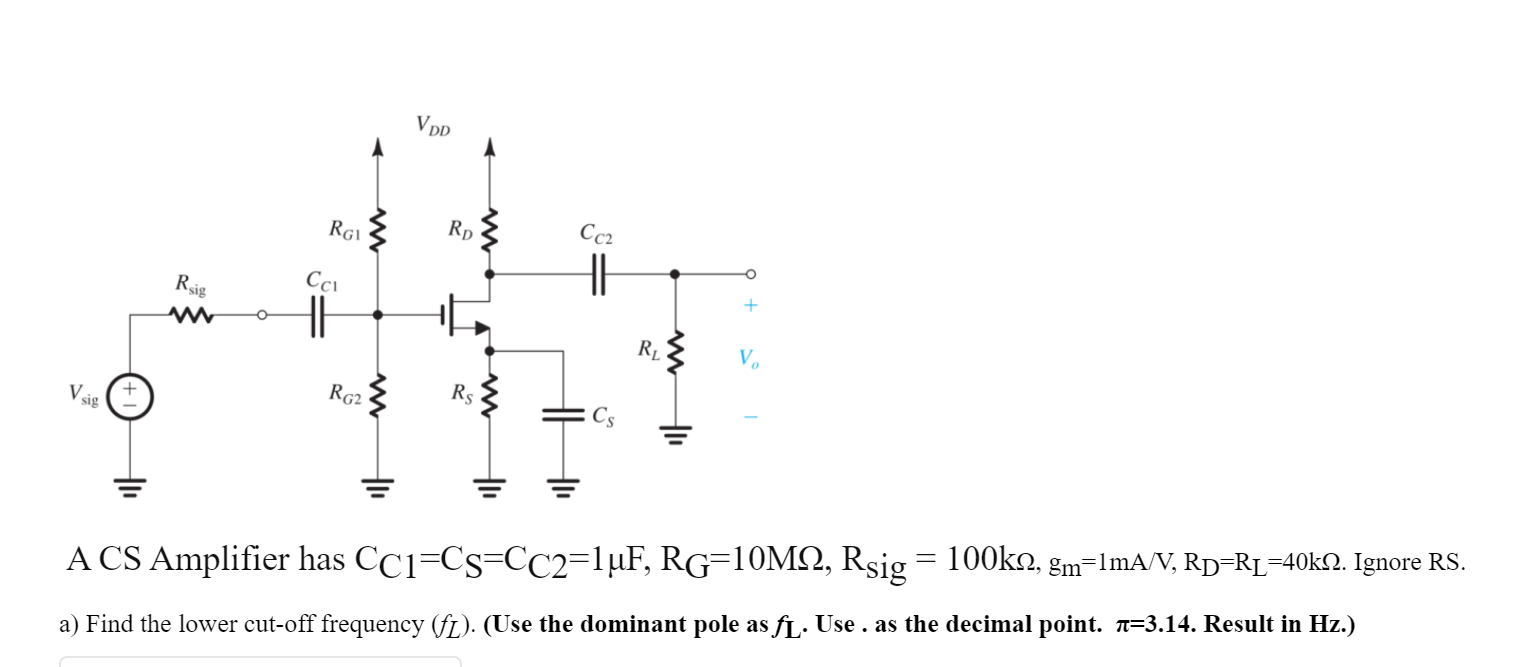 Solved VDD RGI Rp Cc2 Rsig Ссі 11 + w O 1 RL RG2 RS A CS | Chegg.com