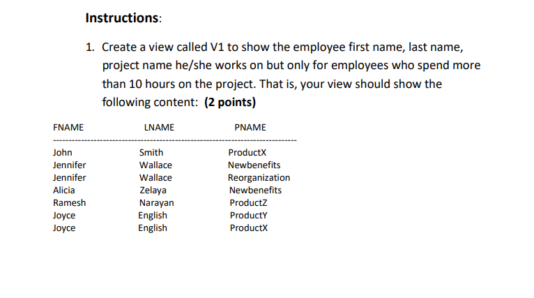 Solved Instructions: 1. Create a view called V1 to show the | Chegg.com