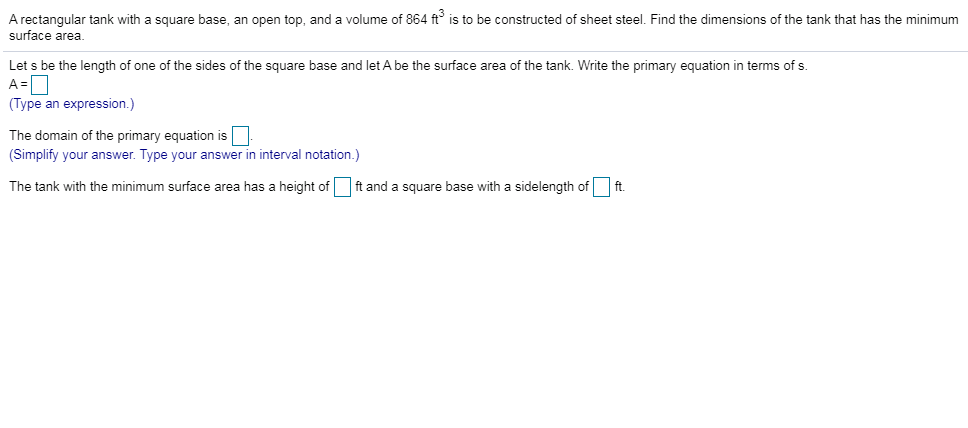 Solved A rectangular tank with a square base, an open top, | Chegg.com