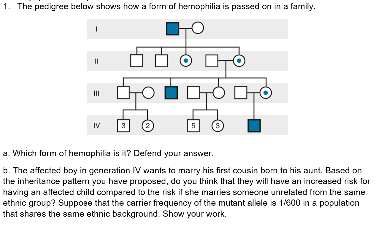 1. The pedigree below shows how a form of hemophilia is passed on in a family. II 이 III Bror IV 3 (2 5 a. Which form of hemop