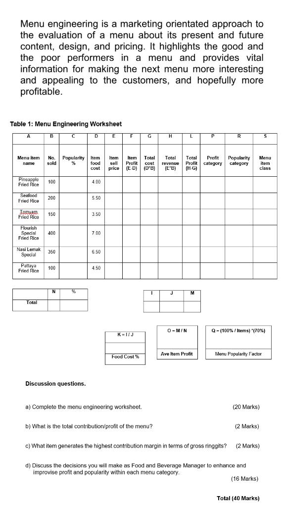Menu engineering is a marketing orientated approach | Chegg.com
