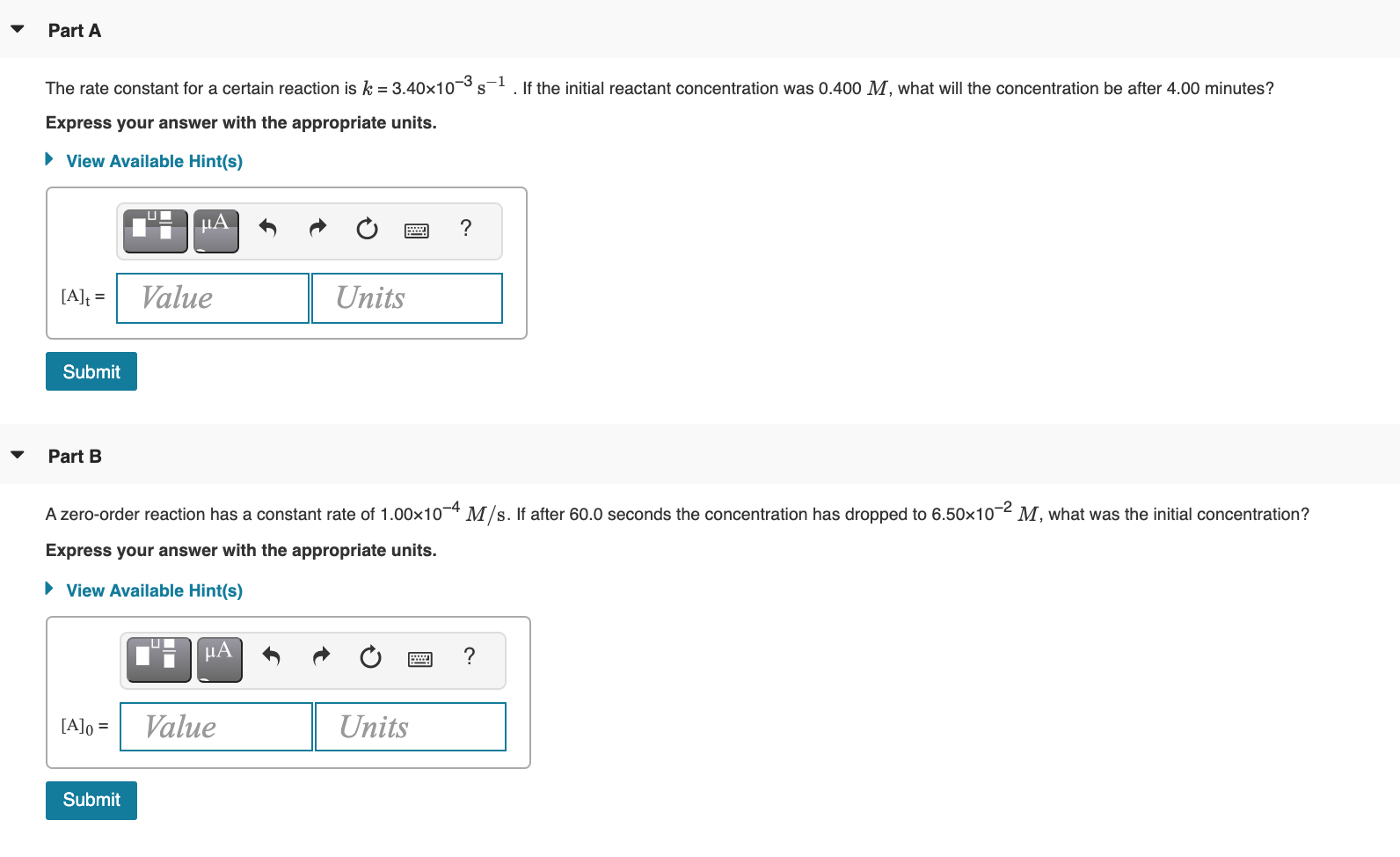 Solved Part A The rate constant for a certain reaction is k | Chegg.com