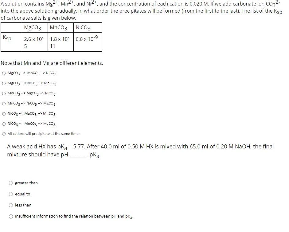 Solved A solution contains Mg2+, Mn2+, and Ni2+, and the | Chegg.com