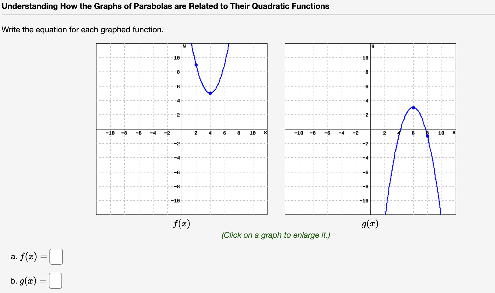 Understanding How the Graphs of Parabolas are Related to Their Quadratic Functions
Write the equation for each graphed functi