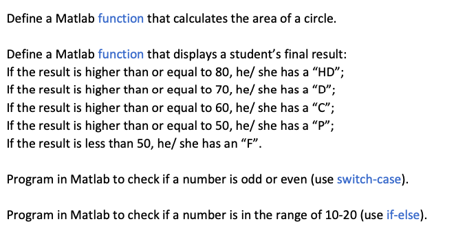 Solved Define a Matlab function that calculates the area of | Chegg.com