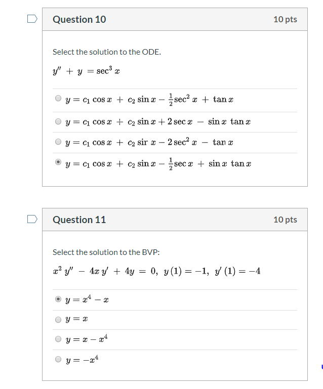 Solved Question 10 10 pts Select the solution to the ODE. y | Chegg.com