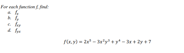 Solved For each function f, find: a. fx b. fy c. fxy d. fyx | Chegg.com