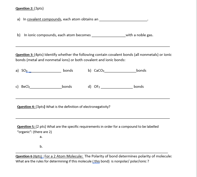 Solved Question 2: (3pts) a) In covalent compounds, each | Chegg.com