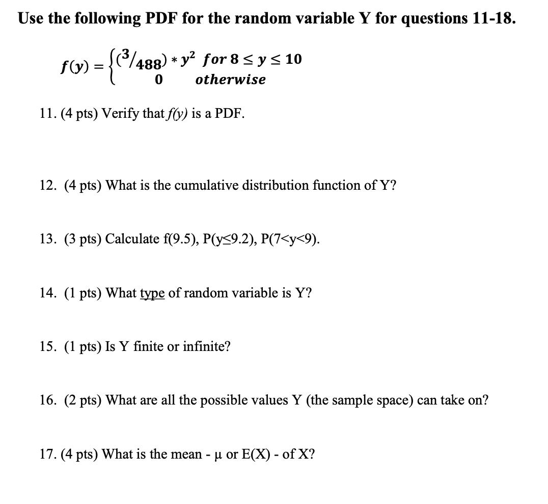 Solved Use the following PDF for the random variable Y for | Chegg.com