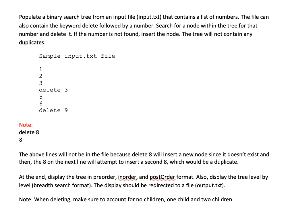 Populate a binary search tree from an input file | Chegg.com