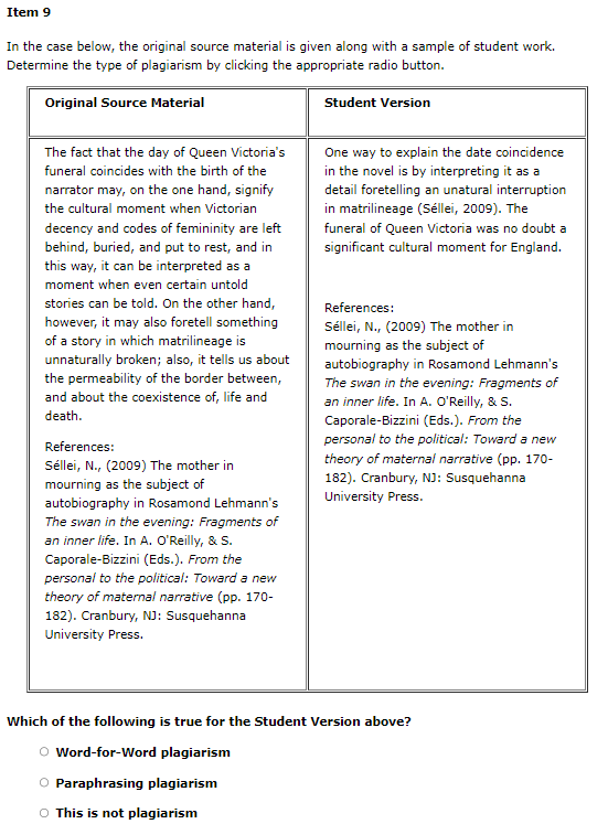 In the case below, the original source material is given along with a sample of student work. Determine the type of plagiaris