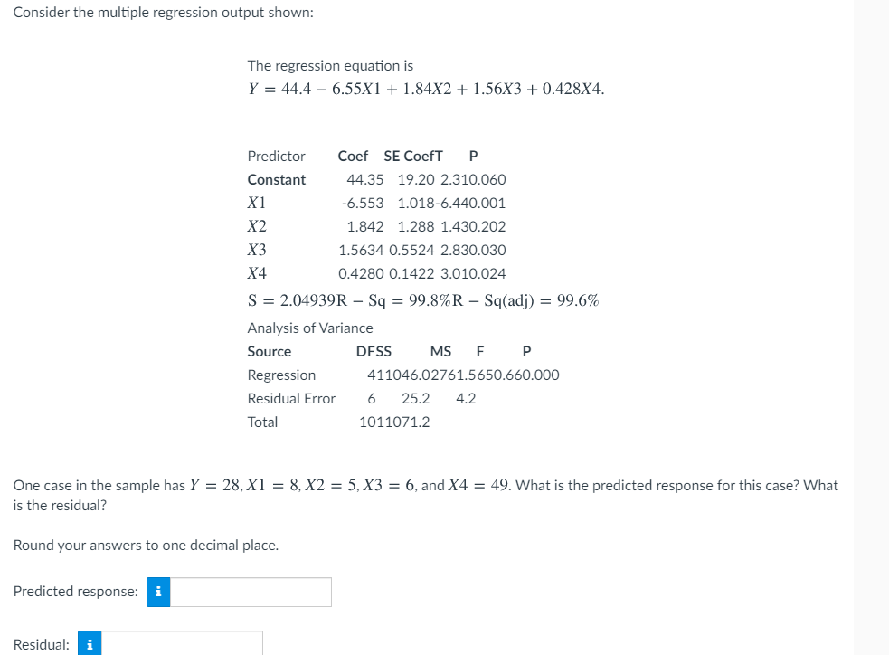 Solved Consider the multiple regression output shown: The | Chegg.com