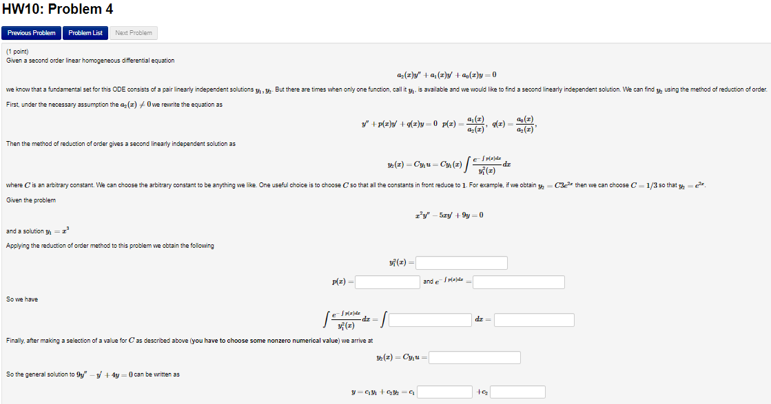 [solved] 1 Point Given A Second Order Linear Homogeneous