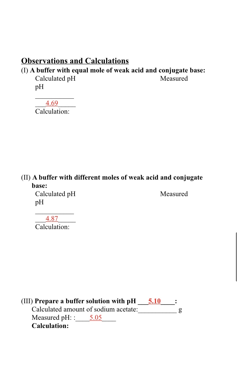 Solved Observations and Calculations (I) A buffer with equal | Chegg.com