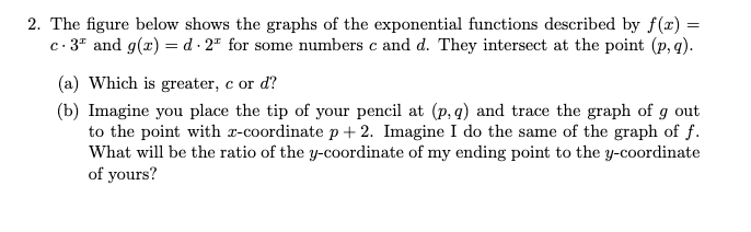 2. The figure below shows the graphs of the exponential functions described by \( f(x)= \) \( c \cdot 3^{x} \) and \( g(x)=d 