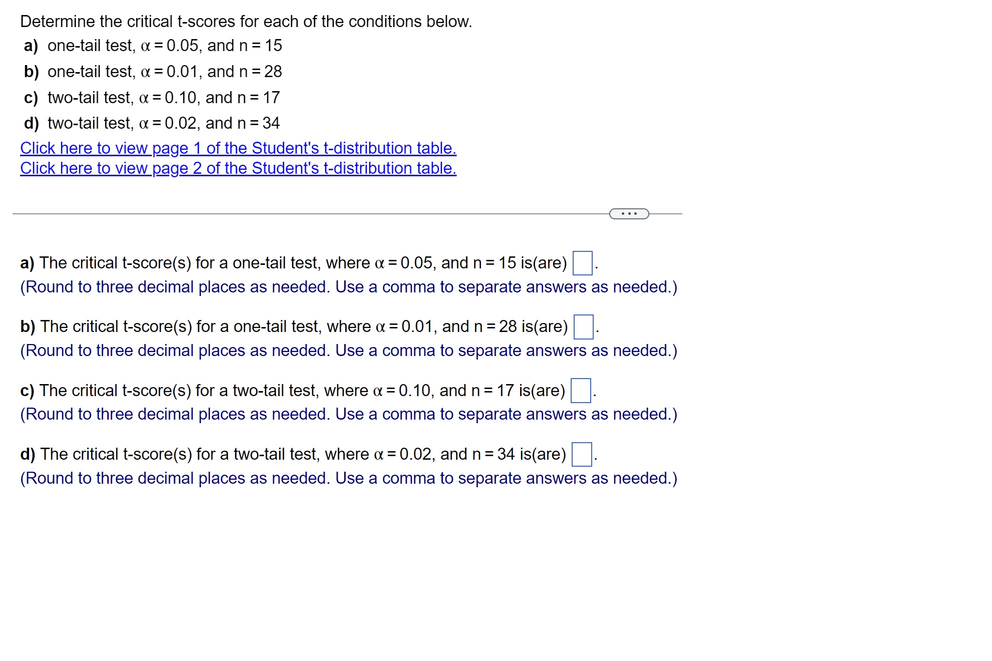 Solved Determine the critical t-scores for each of the | Chegg.com