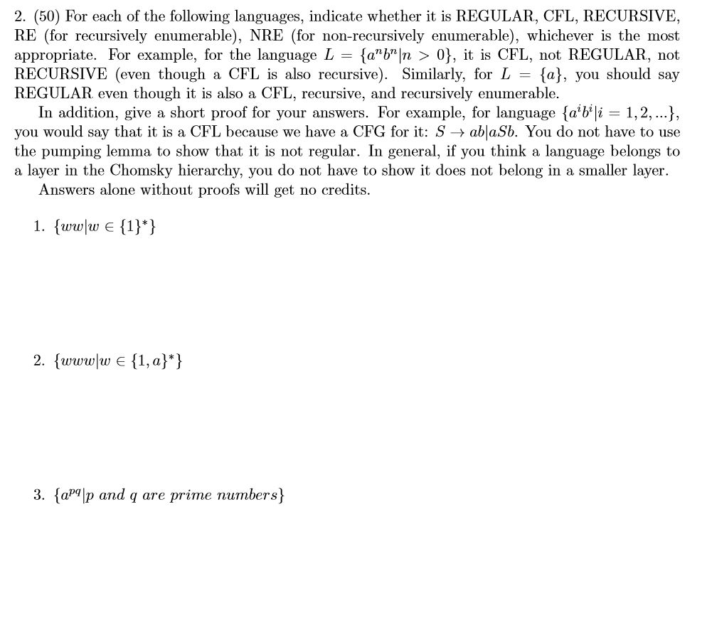 2. (50) For each of the following languages, indicate | Chegg.com