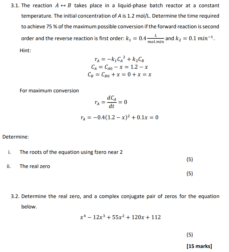 Solved 3.1. The reaction A + B takes place in a liquid-phase | Chegg.com