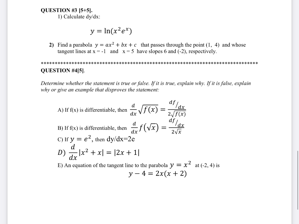 Question 3 5 5 1 Calculate Dy Dx Y Ln X Ex Chegg Com