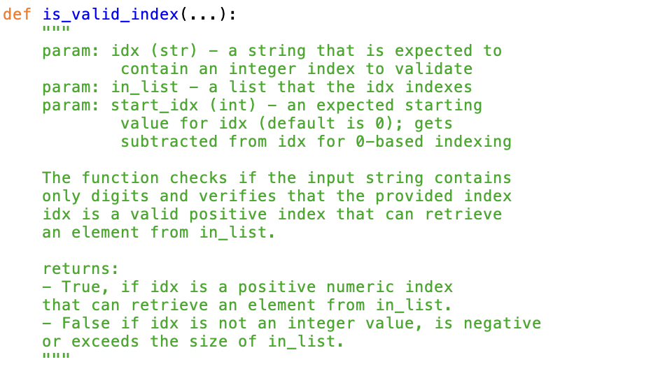 Solved is_valid_index(...): "um: idx (str) - a string that | Chegg.com