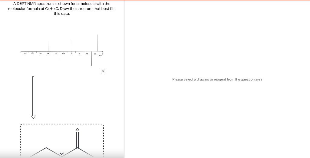 A DEPT NMR spectrum is shown for a molecule with the molecular formula of \( \mathrm{C}_{5} \mathrm{H}_{10} \mathrm{O} \). Dr