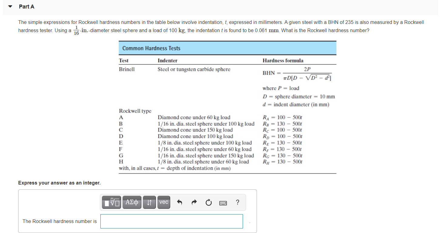 Solved The simple expressions for Rockwell hardness numbers | Chegg.com