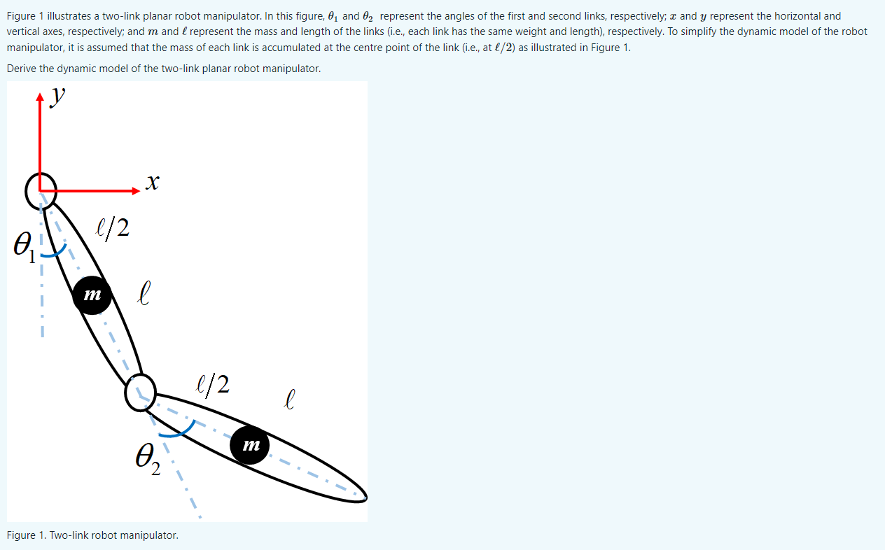 x
Figure 1 illustrates a two-link planar robot manipulator. In this figure, ? and ? represent the angles of the first and sec