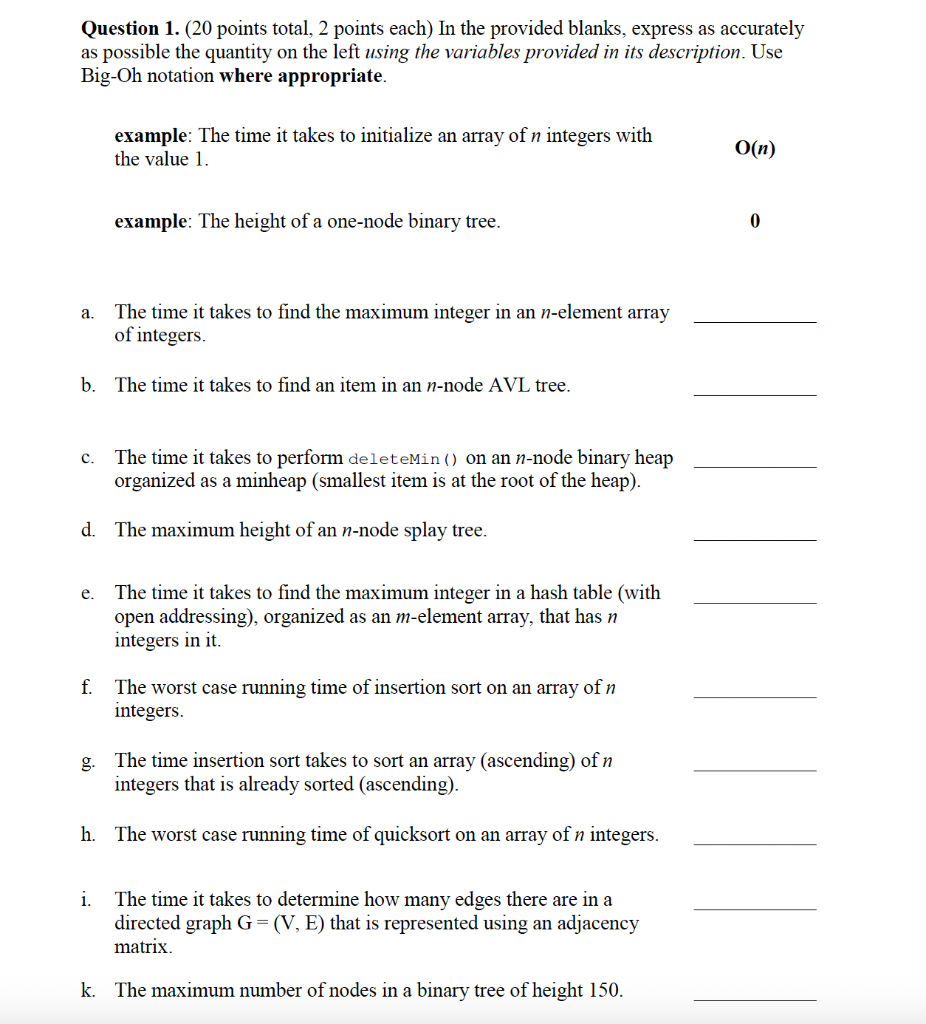 Solved Question 1. (20 points total, 2 points each) In the | Chegg.com