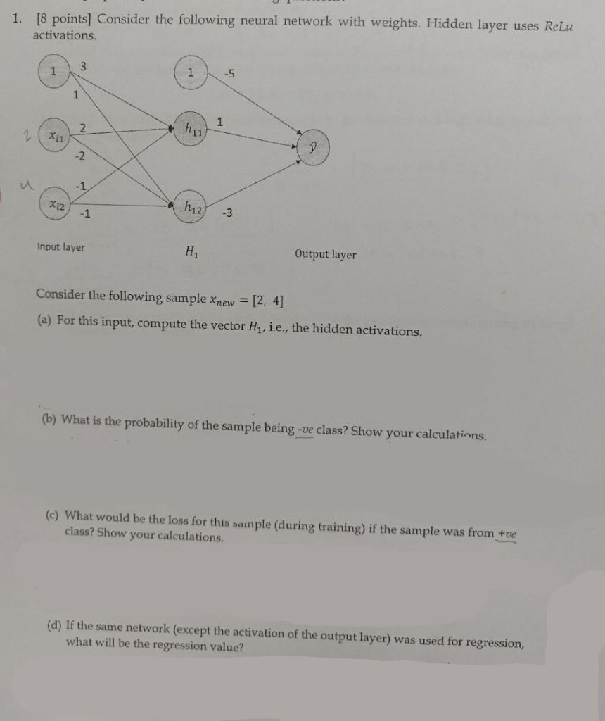 Solved 1. [8 points] Consider the following neural network | Chegg.com