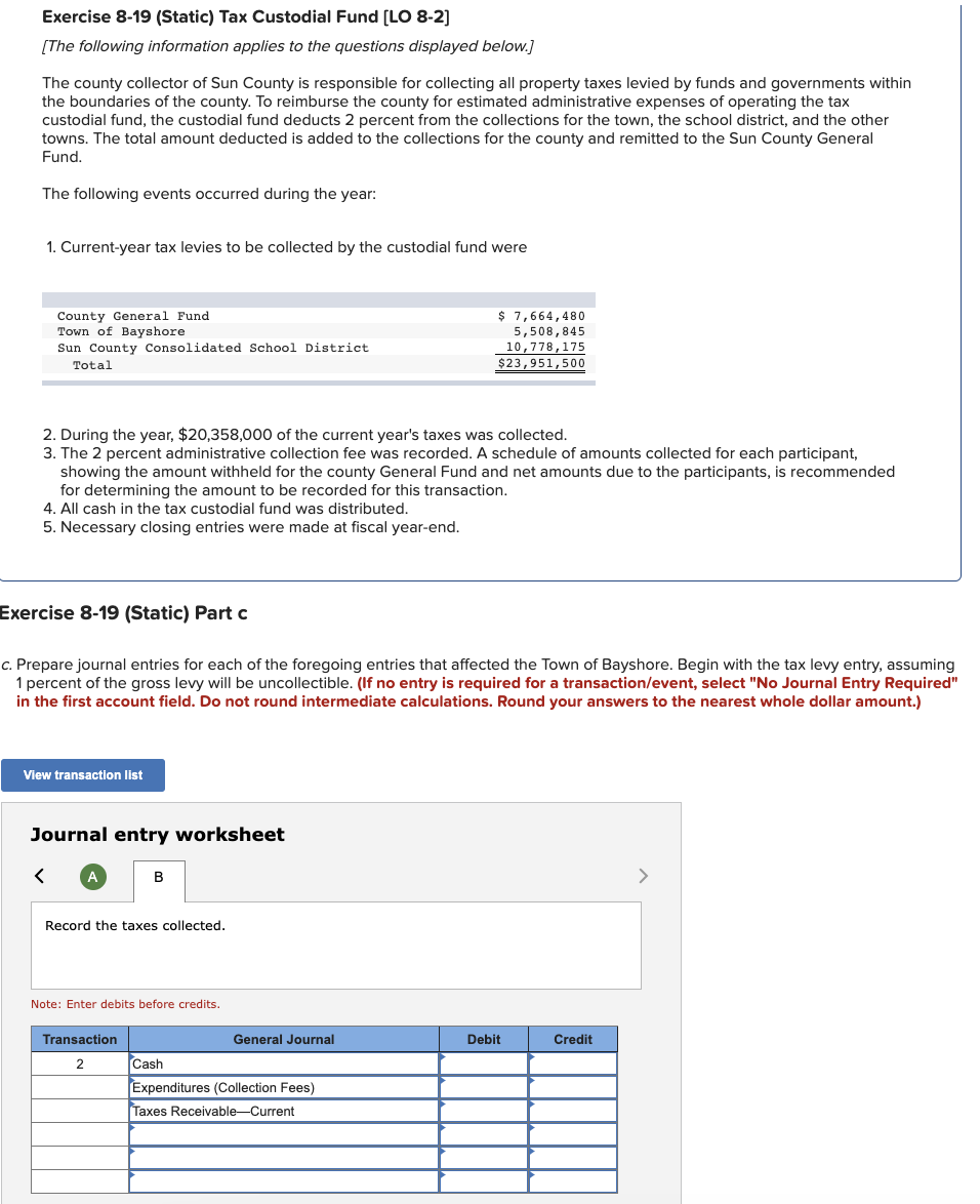 Solved Exercise 8-19 (Static) Tax Custodial Fund [LO 8-2] | Chegg.com