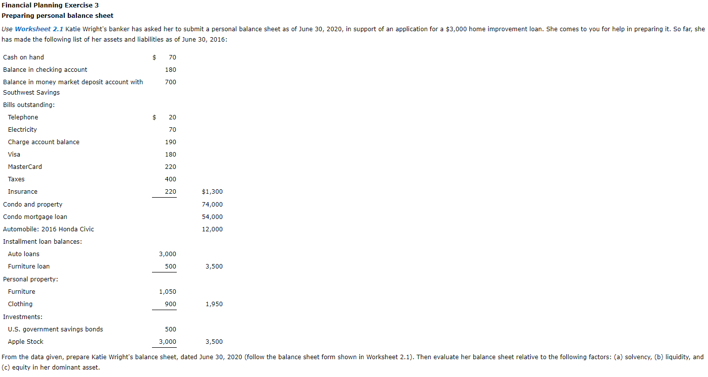 Financial Planning Exercise 3 Preparing Personal | Chegg.com